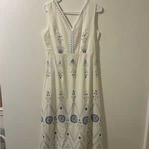 Elegant White and Blue Embroidered Dress